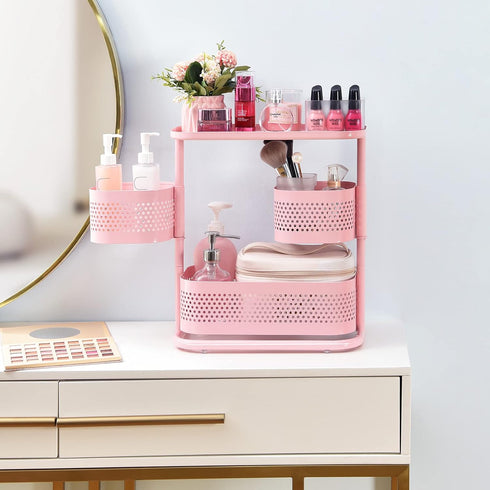 KINGRACK 3 Tier Bathroom Organizer Countertop, Multi-Purpose Makeup Organizer, Rotating Desktop Skincare Tray, Pink