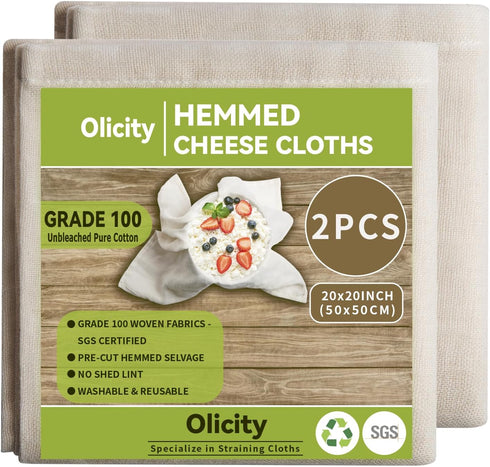 Olicity Cheesecloth, Grade 100 - 20x20 Inch Hemmed Reusable Muslin Cloth for Cooking and Straining