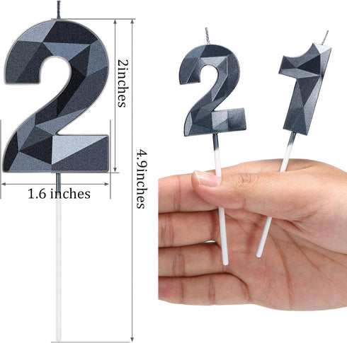 Nuanchu 21st & 12th Number Birthday Candles, 3D Diamond Shape Numeral Candles for Happy Birthday Cake Topper (Black)