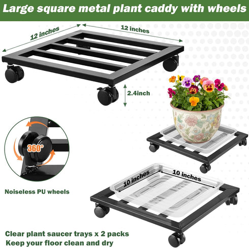 DEELF OUTLET 1 Packs 12 inches Large Metal Plant Caddy with PU Wheels Square Planter Dolly Pot Mover Rollers Wrought