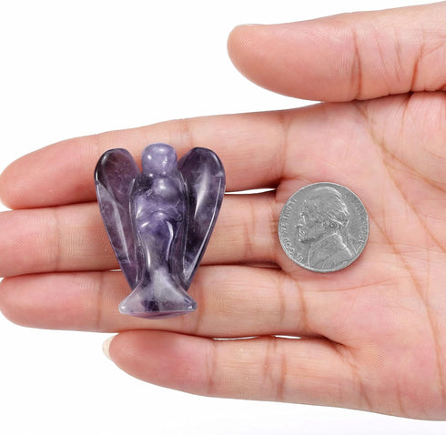Jovivi 2pcs Amethyst Rose Quartz Crystal Angel Figurines, 1.5 Inch Polished Pocket Guardian Angel Statue for Home Decor