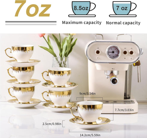Set 6, 7 oz LETAOTAO Tea Cups and Saucers of Ceramic Turkish Coffee Cup With Gold Trim for Cappuccino, Latte, Mocha, Au