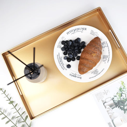 15.6" 10.2" Spsyrine Gold Decorative Serving Tray with Handles, Elegant Plastic Coffee Table Tray for Ottoman, Living