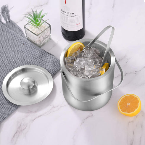 LUCKYGOOBO Mini Ice Bucket - Portable Double Wall Stainless Steel Bucket with Tong, 1.3 Liters for Parties