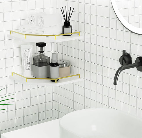2-Tier 9.5-inch Tirzah White Wall Mount Corner Shelf with Gold Metal Guardrail, Diamond-Shaped Wood Corner Floating