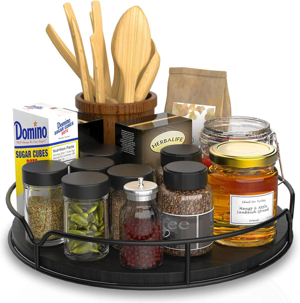 Lazy Susan Turntable Organizer for Cabinet Pantry - Kitchen Countertop Refrigerator Cupboard, Pine Wood, 9", Black