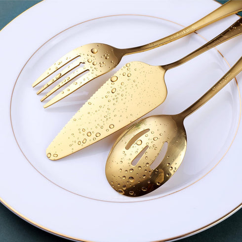 OGORI 10-Piece Gold Serving Utensils Set, Polished Stainless Steel Includes Spoons, Tongs, Forks, and Ladle