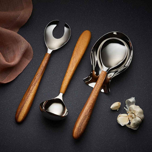nambe Curvo Serving Fork, 13 Inch Stainless Steel and Acacia Wood, Designed by Steve Cozzolino