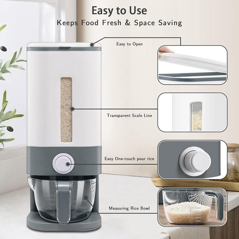 22-25 Lbs Lenwi Rice Dispenser, Large Cereal Dry Food Storage Containers with Measuring Cup,BPA-Free Household