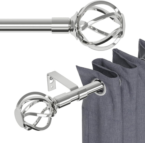 Silver Curtain Rods for Windows: 48 to 84 inch Decorative Heavy Duty Curtain Rod with Twisted Cage Finials