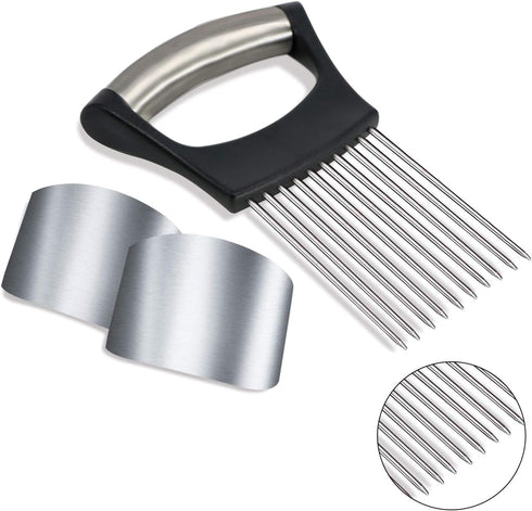 1PCS Stainless Steel Onion Holder Slicer, 2PCS Finger Guard for Vegetables, Tomato, Lemon, Meat