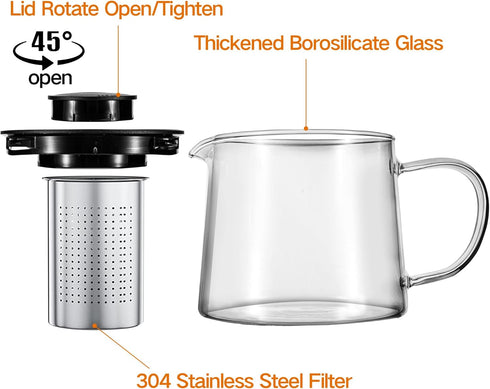 Glass Teapot 51oz/1500ml with Removable Stainless Steel Infuser, Heatproof Borosilicate Glass Tea Kettle