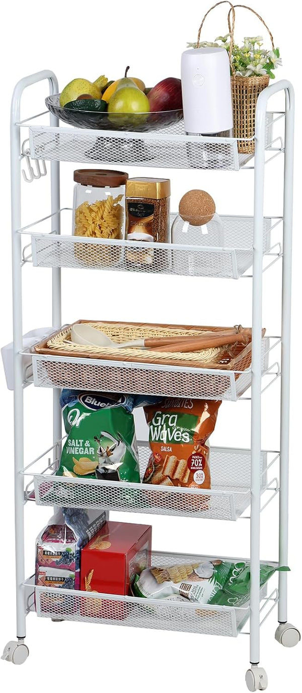 YESBAY 5-Tier Metal Mesh Storage Rack with Rolling Wheels, Vegetable Basket for Kitchen,