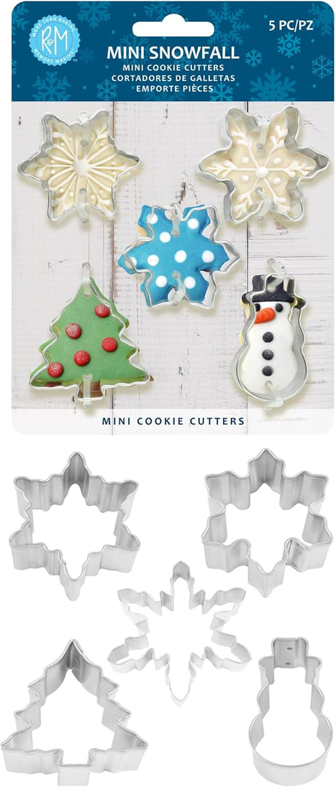 R&M International Mini Snowfall Cookie Cutters, 5-Piece Set, Snowman, Tree, 3 Snowflakes