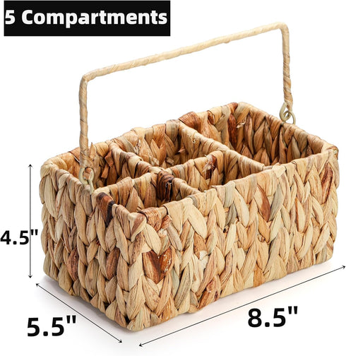 Wicker Flatware Organizer, Woven Divided Utensil Caddy, Water Hyacinth Cutlery Holder, Picnic Silverware Flatware Storage Basket Carrier with Handle for Countertop, Forks, Knives, Spoons by Pumtus