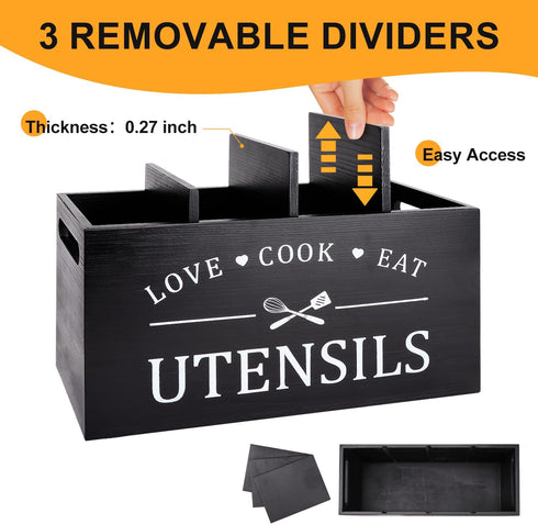 Black Farmhouse Utensil Holder for Kitchen Counter, Extra Large Caddy for Rustic Wood Kitchen Tool Decor