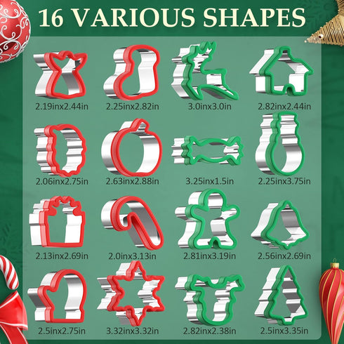 Christmas Cookie Cutters Set - 16 Pieces Stainless Steel Baking Cutters with Comfort Grip for Holiday Shapes