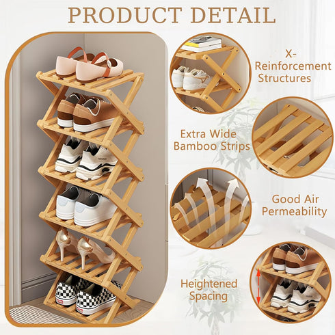 3 Closet Tier Natural Bamboo Shoe Rack,Foldable Space Saving Shoe Storage Organizer,Easy Assembly & Strong Design Shoes