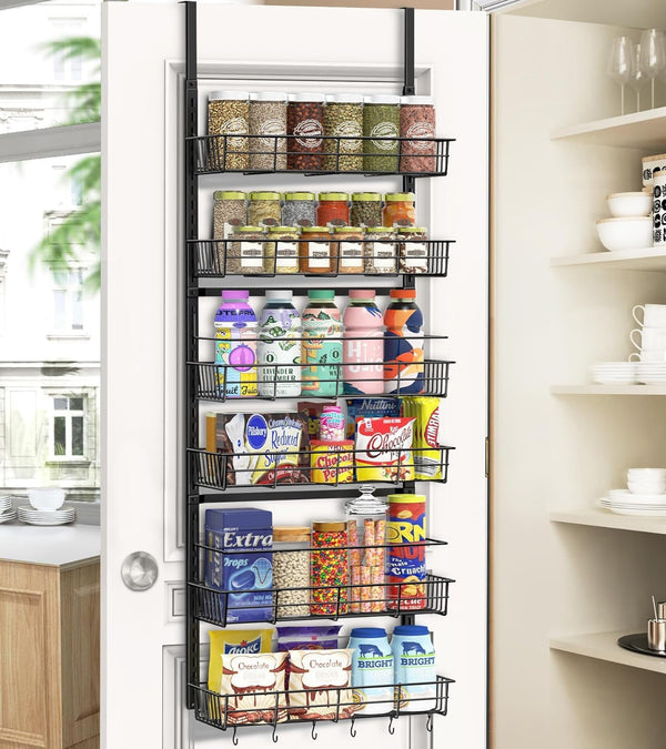 Over The Door Pantry Organizer, 6-Tier Adjustable Hanging Baskets, Metal Wall Mount Spice Rack for Home & Kitchen -