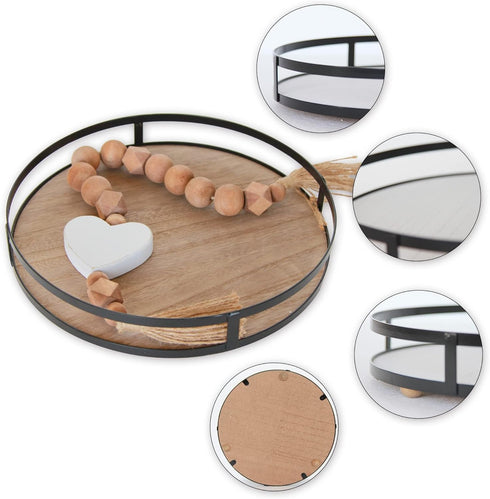 12in Defined Deco Decorative Tray-Round Serving Tray with Metal Handle-Decorative Trays for Home Decor,Living Room