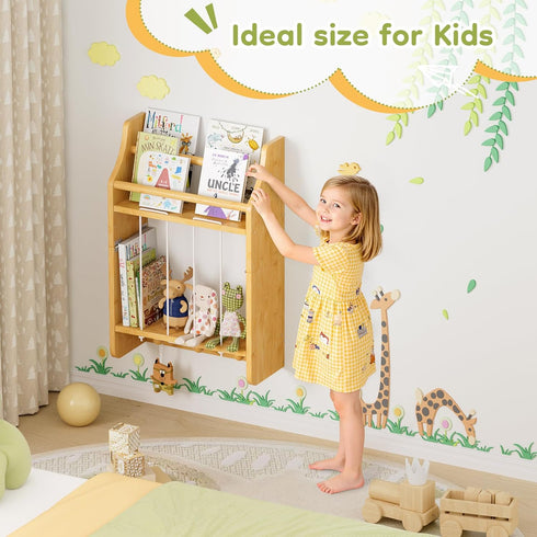 2-Tier Wall-Mounted Kids Bookshelf, Bamboo Floating Nursery Book Shelf, Picture Ledge Shelf for Wall Decor and Storage