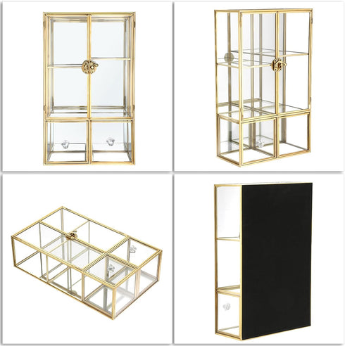 ELLDOO Clear Glass Storage Box with 2 Drawers, Gold Mirrored Jewelry Makeup Display Organizer Case