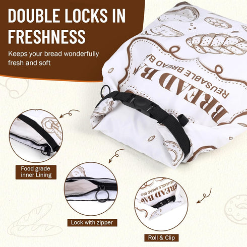 2 Packs Bread Bags, Bread Bags for Homemade Roti, Reusable Sourdough Storage Bag With Zipper, Large Freezer Container