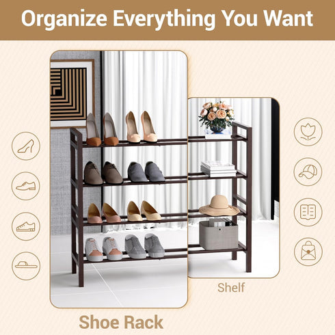 Closet, 4-Tier) Haddockway Bamboo Shoe Rack for Free Standing Shoe Organizer with Smooth Round Rods & Convenient