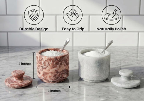 3.5 oz Counter Marble Salt Cellar with Lid, Capacity, Kitchen Storage Container (White Strawberry Pink)