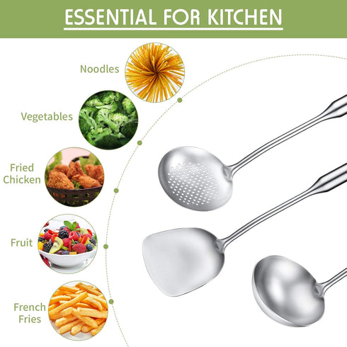 Patelai 3 Pcs Wok Utensils Set: 15in Spatula, Ladle, 304 Stainless Steel, All Metal for Cooking