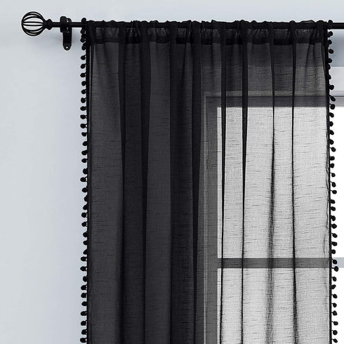Treatmentex Black Pom Pom Sheer Curtains for Bedroom, 63" Linen Texture Decorative Voile Panels (2 Pack)