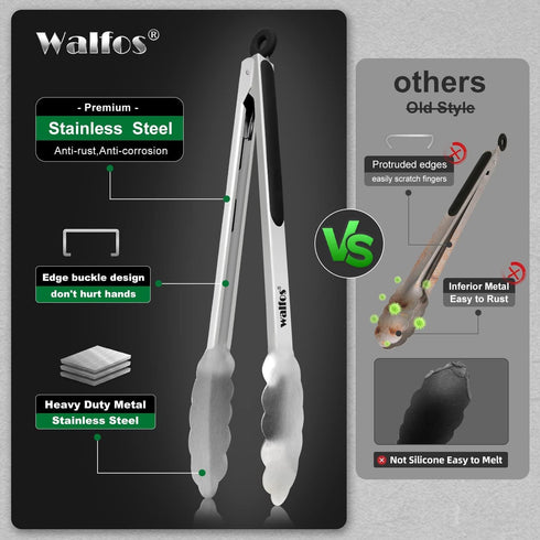 Walfos Stainless Steel Kitchen Tongs for Cooking - Set of 4 Heavy Duty Locking Metal Food Tongs, Non-Slip Grip