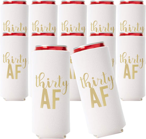 Thirty AF Can Coolers, 30th Birthday Party Coolies, Set of 12, White and Gold Dirty 30 Birthday Decoration
