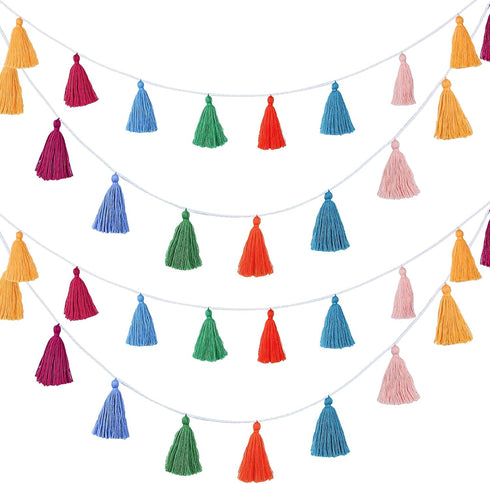 WILLBOND 4 Pcs Rainbow Tassel Garland, Boho Classroom Decor for Kids Room Birthday Party Baby Shower