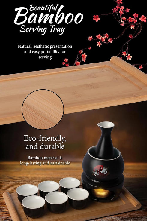 LOONCREST Set 6 1 1 Set Japanese Sake Cup with Ceramic Cups, Ceramic Sake Bottle, Ceramic Sake Warmer, Bamboo Tray