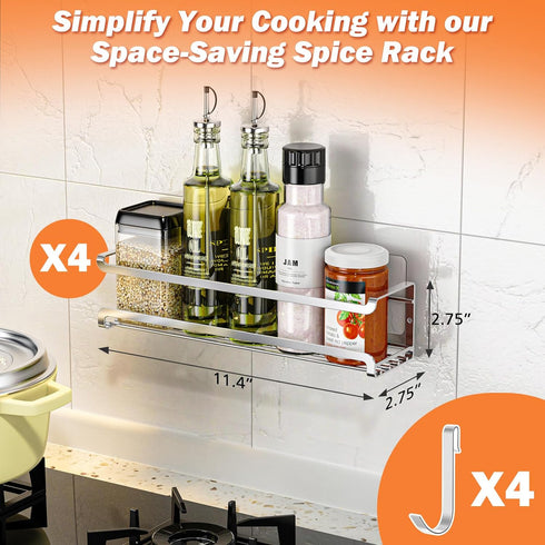 Spice Rack Wall Mounted 4 Pack, Space-Saving Organizer for Spice Jars and Seasonings, Chrome