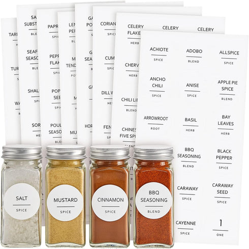 Talented Kitchen 144 Spice Labels Stickers - Preprinted White Spice Jar Labels for Organization, Water Resistant