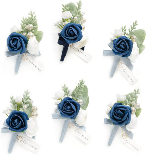 Ling's Moment 6pcs Boutonniere for Men, Artificial Flowers for Wedding Decor/Prom/Homecoming, Navy Blue