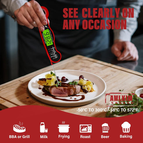 Digital Meat Thermometer, Fast Instant Read Food Thermometer for Cooking, Waterproof with Backlight