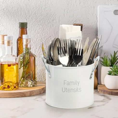 4 Compartment Kitchen Utensil Holder - 5.7 Inch Large Metal Caddy for Countertop, Removable Divider, White