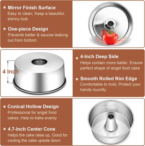P&P CHEF Angel Food Cake Pan, Stainless Steel 10 Inch Round Cake Pan with Tube