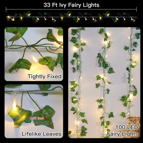 33ft 100 suddus Vine with Fairy Lights Plug in, LED Ivy String Lights Connectable with Remote, Leaf Light for Bedroom