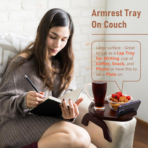 360 SINWANT Couch Arm Table, Bamboo Round Sofa Clip on Tray with Phone Holder,Foldable Couch Armrest Table Eating on