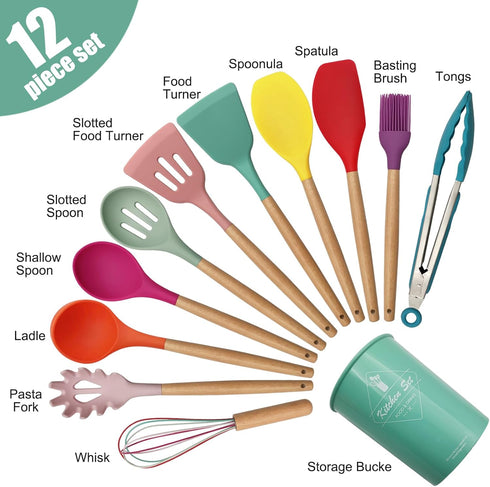 Kitchen Utensils Set of 12, Silicone Cooking Utensils with Non-Slip Wooden Handle, Heat Resistant Cookware Set