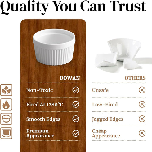 DOWAN Ramekins 4 oz Oven Safe for Creme Brulee Souffle, Porcelain Custard Cups, Set of 6, Classic White