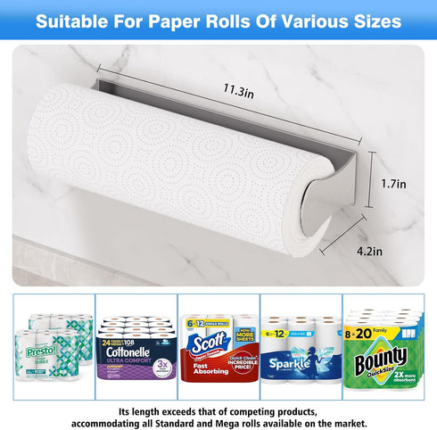 Counter Paper Towel Holder Under Cabinet, Stainless Steel, Silver, Adhesive & Wall Mount, Under Paper Towel Rack