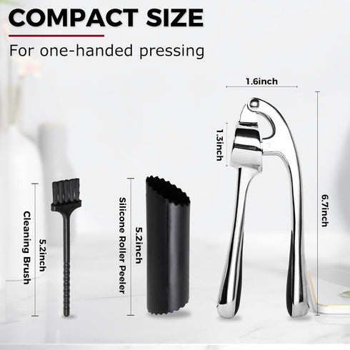 Kitessensu Premium Garlic Press Set, Heavy Duty Mincer with Silicone Peeler & Brush, Rust Proof & Dishwasher Safe -