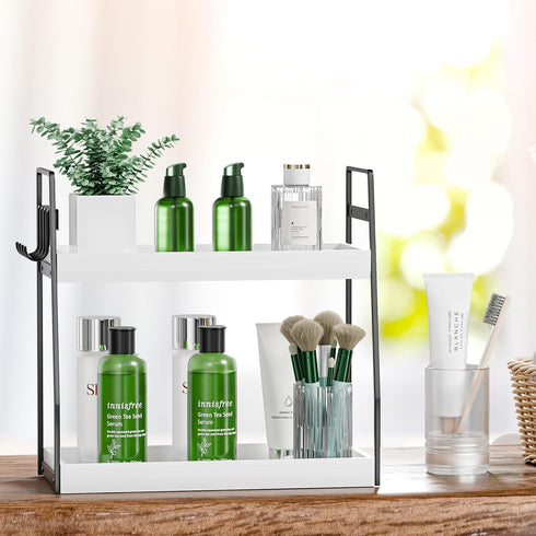 VITVITI 2-Tier Bathroom Organizer Countertop, Wood Storage Shelf with Hooks for Bathroom Corner Sink Vanity, White