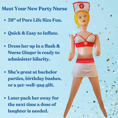 Merrimix - Ginger Inflatable Blow Up Doll with Nurse Costume, Gag Gifts for Men, Bachelor Party Favors and Decoration