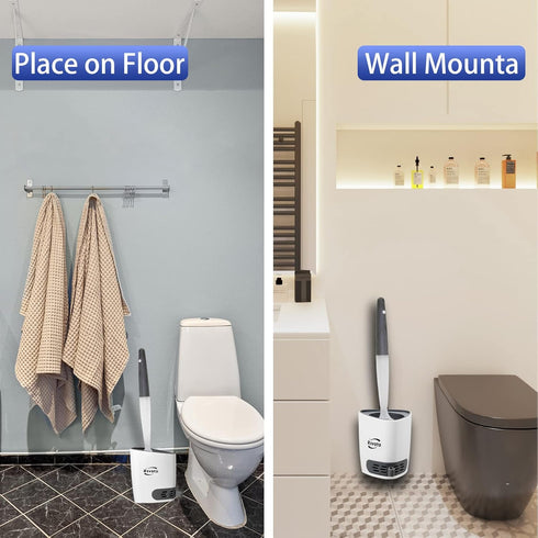 Toilet Brush and Holders, Refillable Wall Mount Silicone Toilet Brush with Ventilated Holder for Bathroom